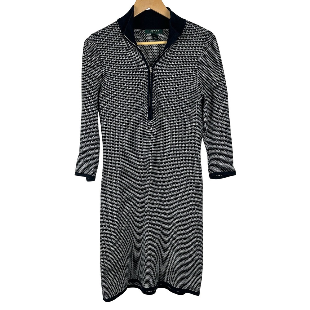 Lauren Ralph Lauren Cotton Knit Quarter Zip Sheath Sweater Dress‎ M Preppy Mod